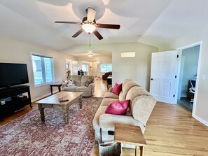Smart TV, fireplace, DVD player, books