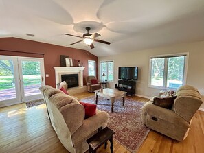 Smart TV, chimenea, reproductor de DVD, libros