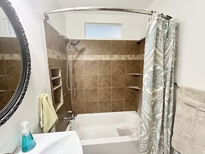 Hair dryer, towels, soap, shampoo