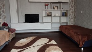 A modern bedroom with a TV, a bookshelf, and a patterned rug.