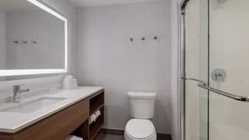 A modern bathroom with a large mirror, a sink, a toilet, and a glass shower enclosure.