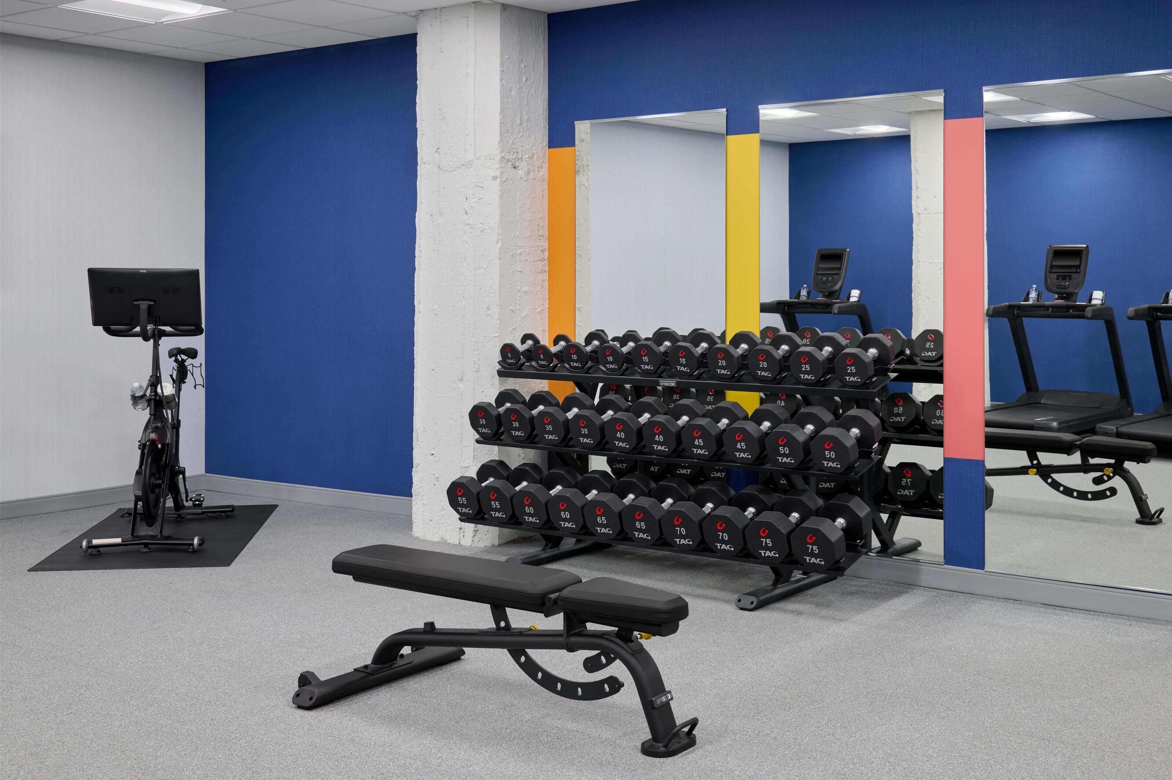 Una palestra con panche, manubri, una cyclette e un tapis roulant.