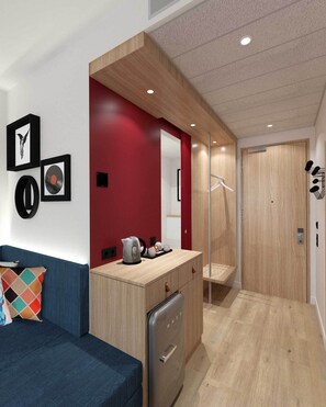 Desk, laptop workspace, blackout curtains, soundproofing