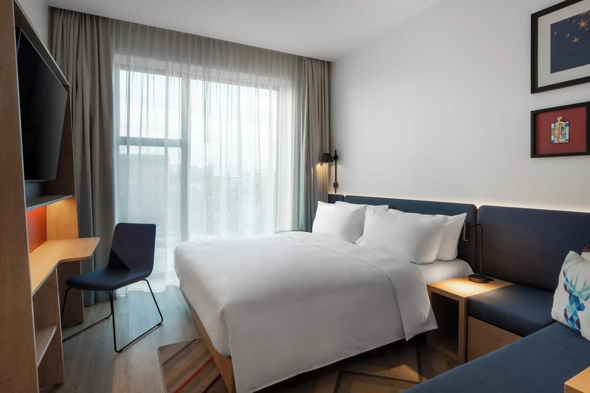 Desk, laptop workspace, blackout curtains, soundproofing