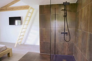 Eine moderne Dusche mit Handbrause und Wandarmatur.