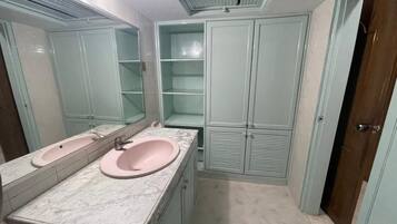A bathroom with two sinks, a mirror, and a wardrobe with shelves.