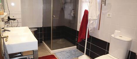 A bathroom with a glass-enclosed shower, a white sink, a toilet, and a red and blue rug.