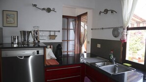A compact kitchen with a Bosch dishwasher, a sink, and a window with curtains. - VILLA SILA (El Paso)