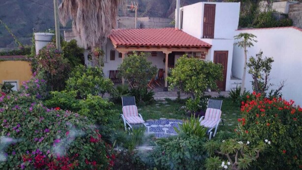 A garden with two lounge chairs, a cactus, and a tiled patio. - VILLA SILA (El Paso)