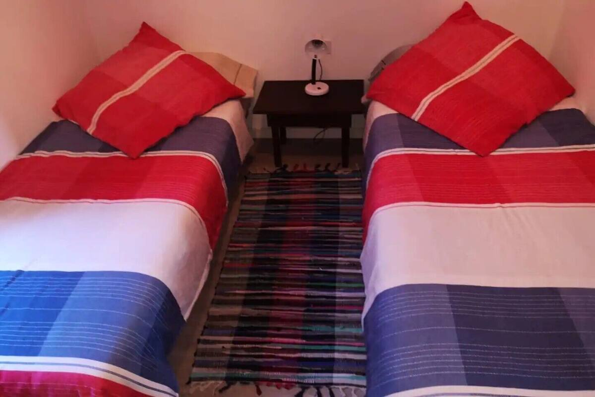 A room with two beds, each with red and blue bedding, a small table with a lamp, and a striped rug.