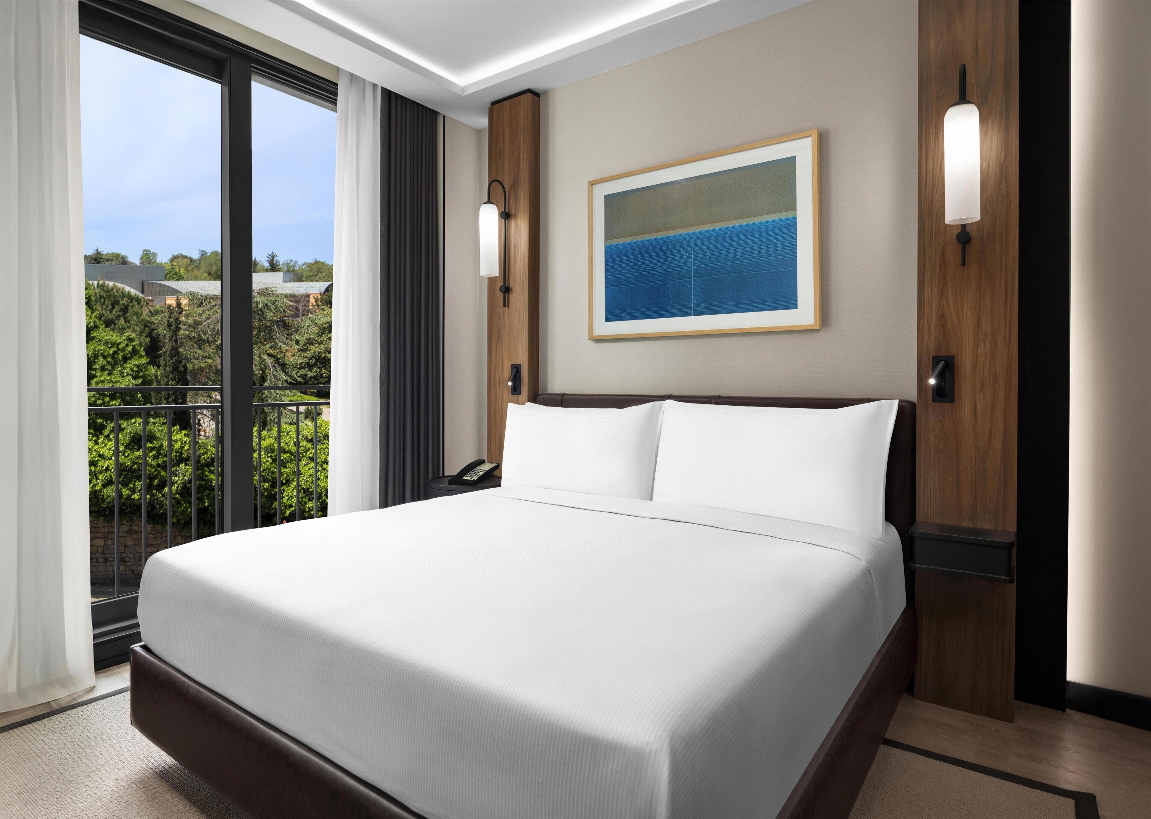 Habitación de hotel con una cama grande, un cuadro en la pared y vistas a zonas verdes.