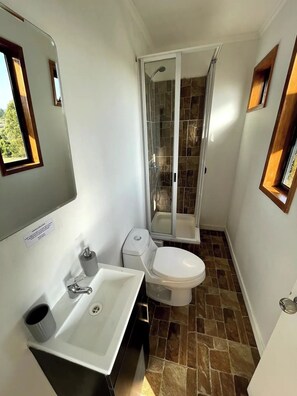 A compact bathroom with a white sink, toilet, and a glass-enclosed shower area.