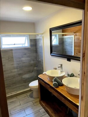 Bathroom features a large mirror, two sinks, and a glass-enclosed shower area.
