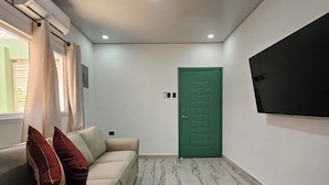 Un salon moderne avec un canapé, une porte verte et un téléviseur à écran plat fixé au mur.
