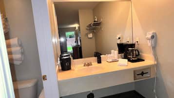 Hair dryer, towels, soap, toilet paper