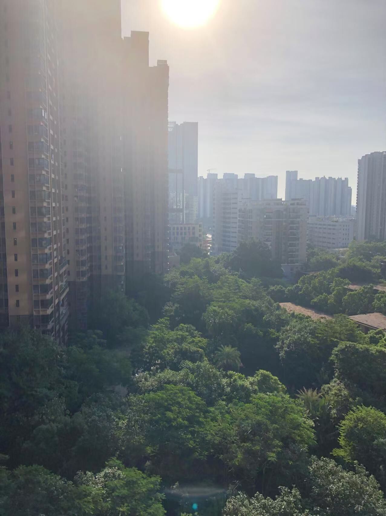 A high-rise building complex with dense greenery in the foreground.