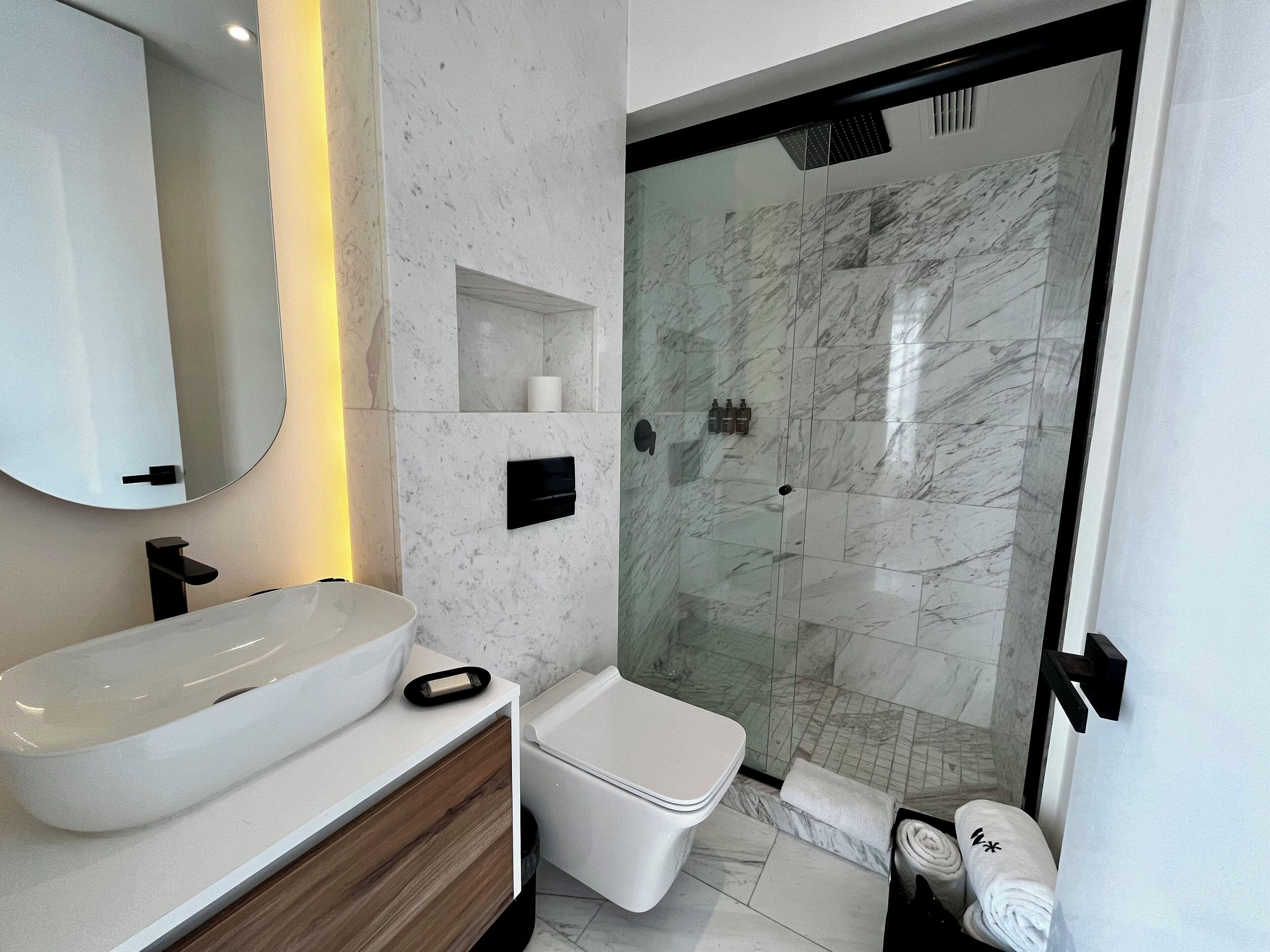 A modern bathroom with a large white sink, a toilet, and a glass-enclosed shower area.