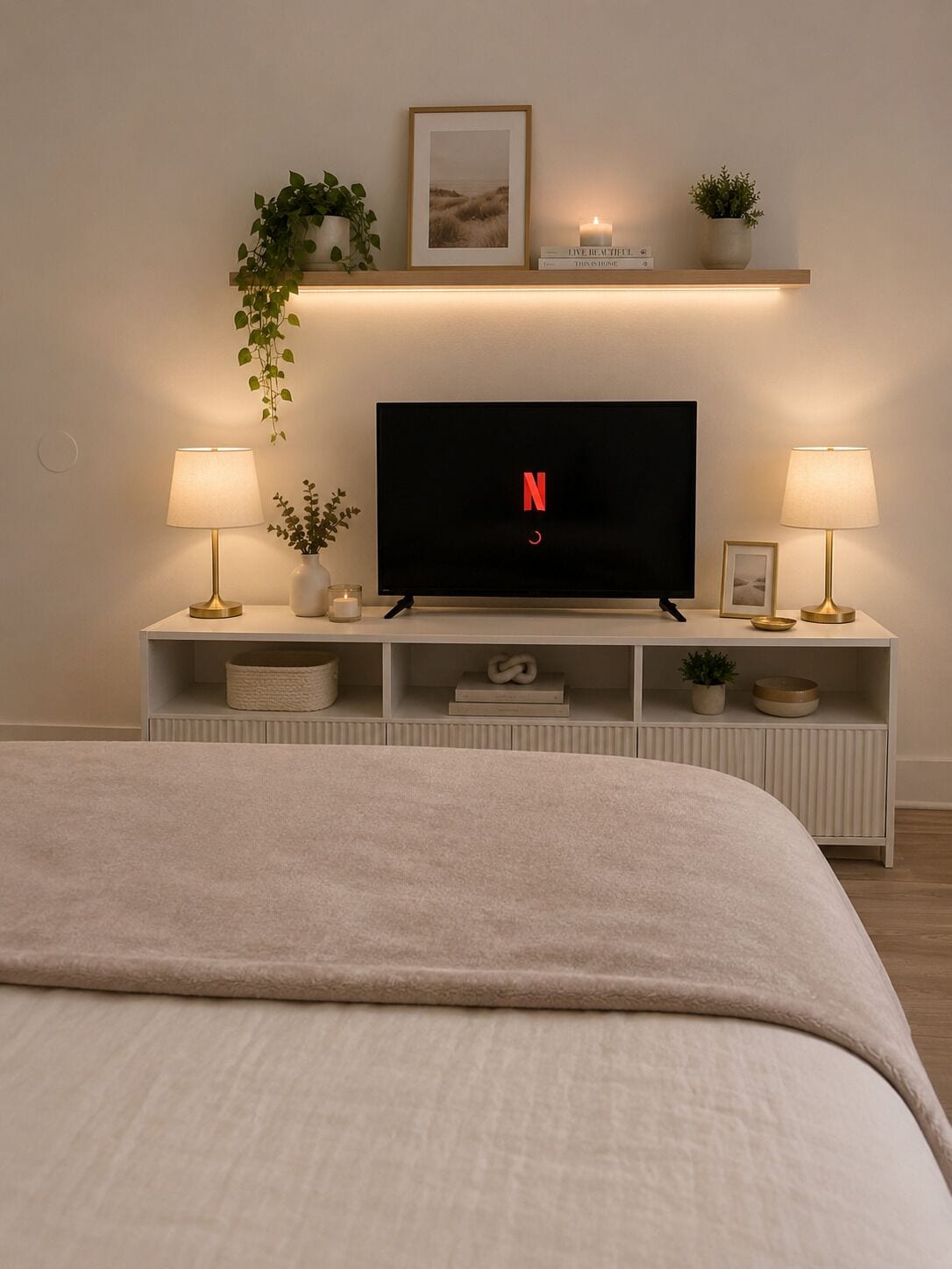Un dormitori amb un llit, una televisió, dues làmpades de nit, una estant amb objectes decoratius i una planta penjant de la paret.