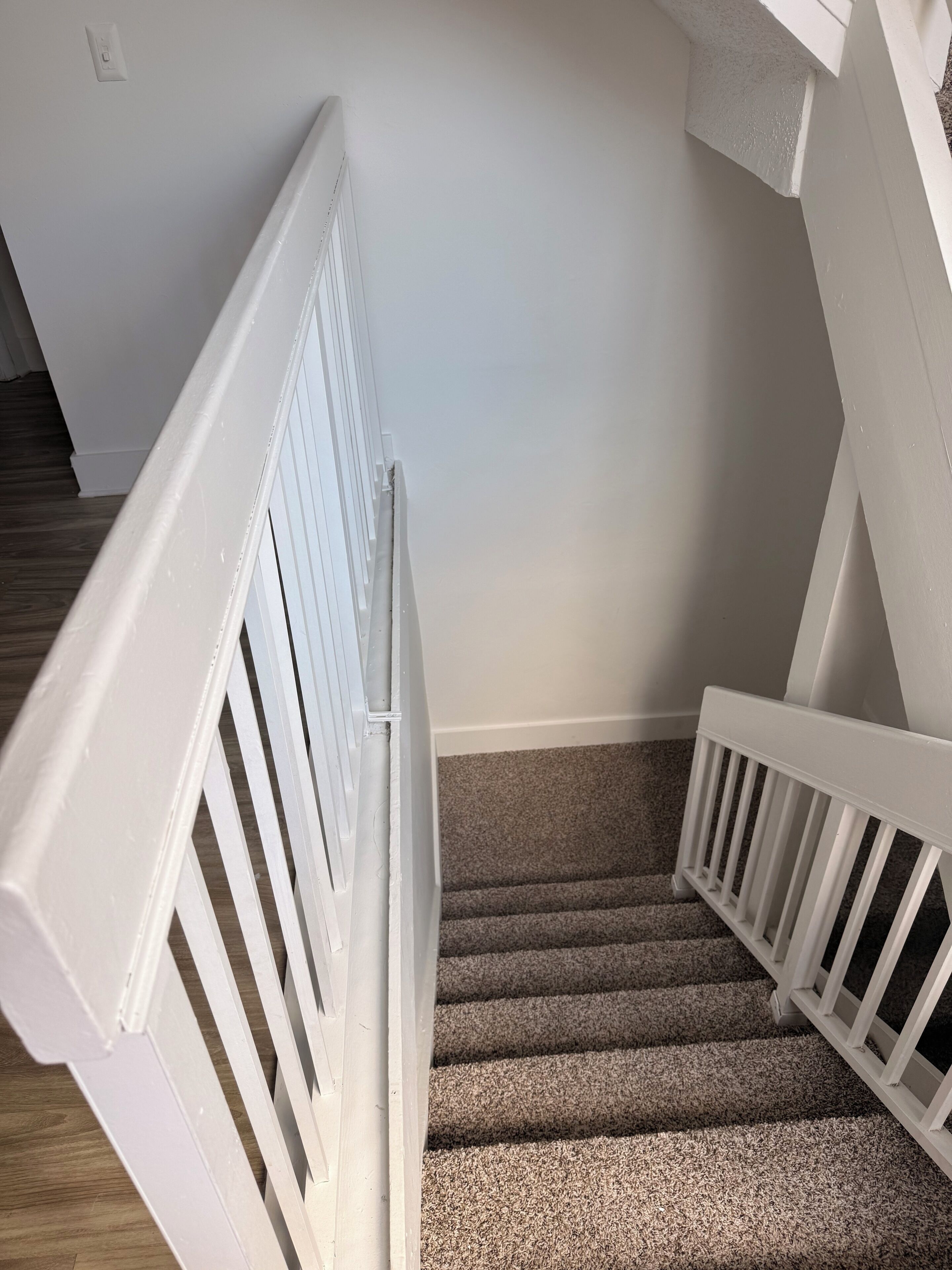 Un escalier avec des rampes blanches et des marches recouvertes de moquette.