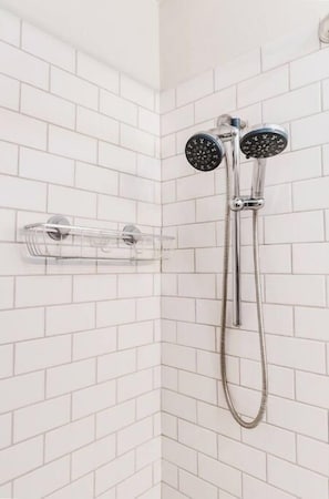 Hair dryer, towels, soap, shampoo
