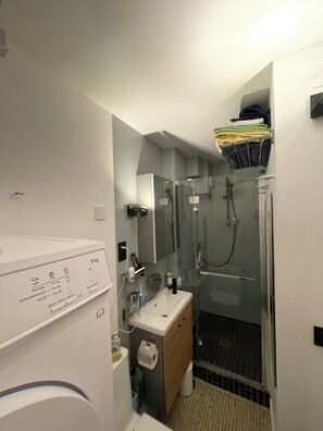 Hair dryer, towels, soap, toilet paper