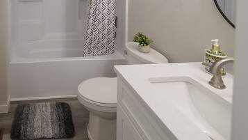 Hair dryer, towels, soap, shampoo