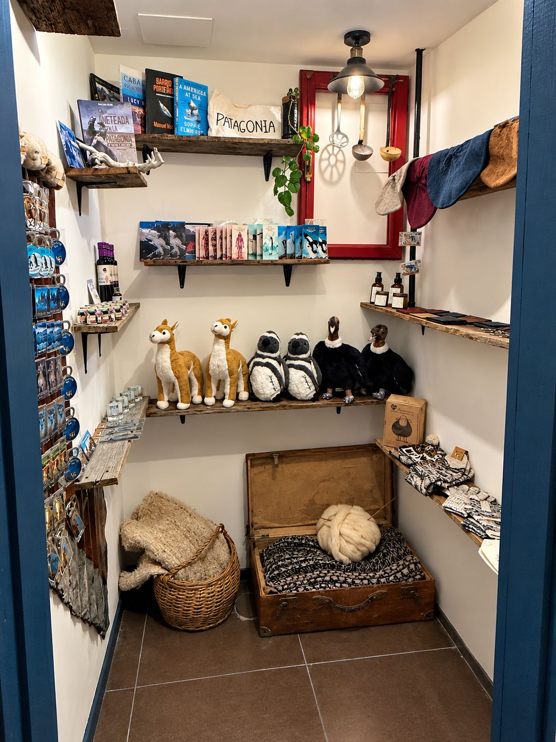 Un pasillo estrecho con estantes que exhiben libros, peluches y recuerdos.