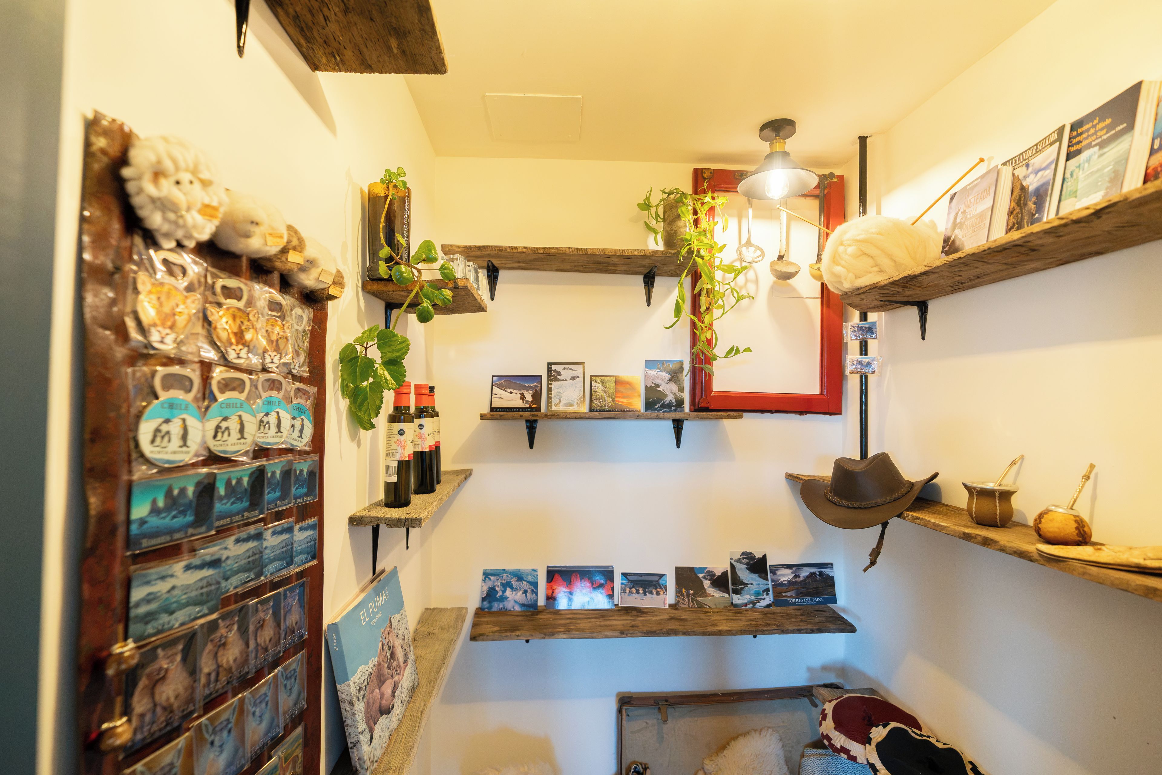 A narrow hallway with shelves displaying various items, including books, plants, and decorative objects.