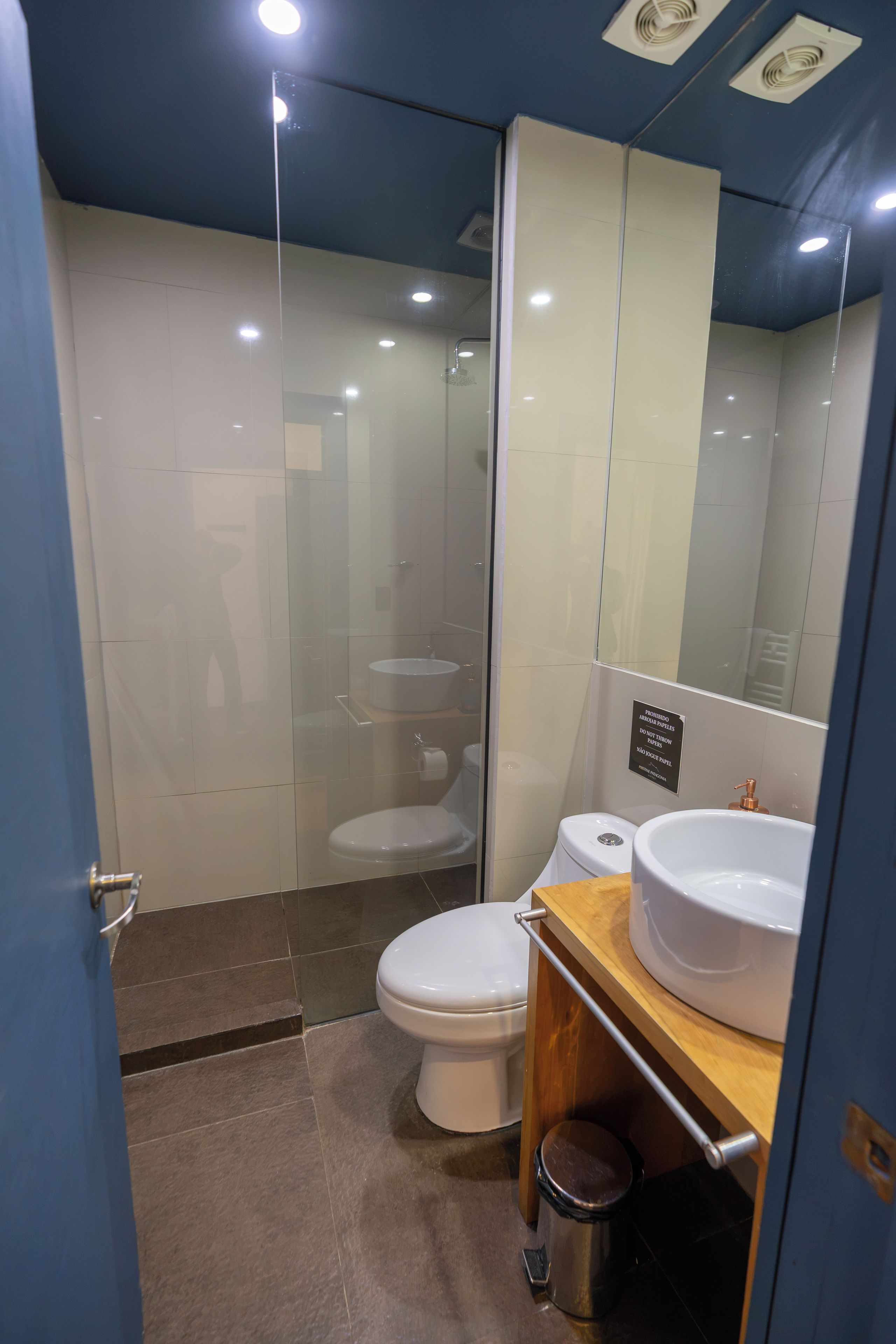 A modern bathroom with a glass shower enclosure, a white toilet, and a sink with a copper faucet.