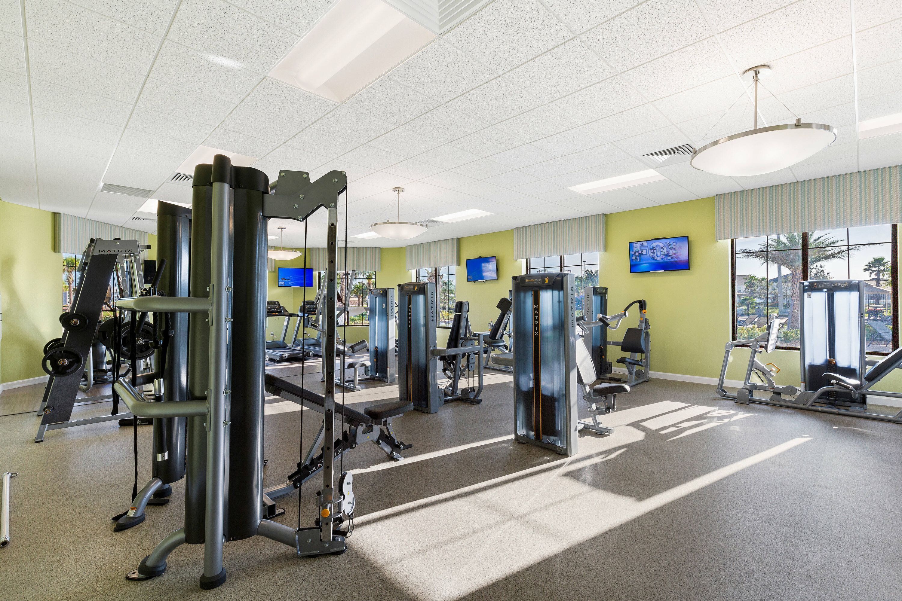 A gym with various exercise machines, a television on the wall, and large windows with a view of palm trees.