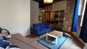 A cozy living room with a blue sofa, a wooden coffee table, and a patterned rug. - 
Chic Studio in Old Bergerac (Bergerac)