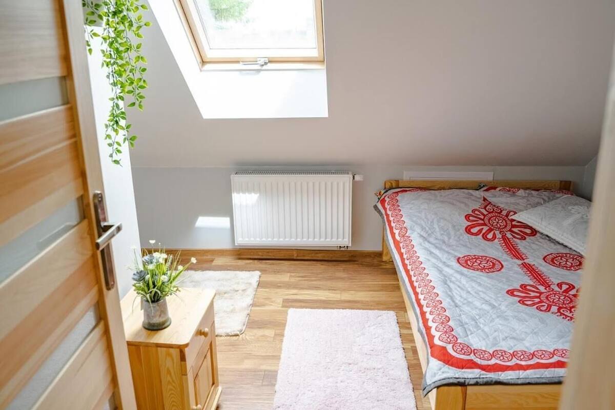A bedroom with a skylight, a radiator, a bed with a red and white patterned bedspread, a wooden dresser, and a small plant on the dresser.