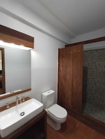 Shower, free toiletries, hair dryer, towels