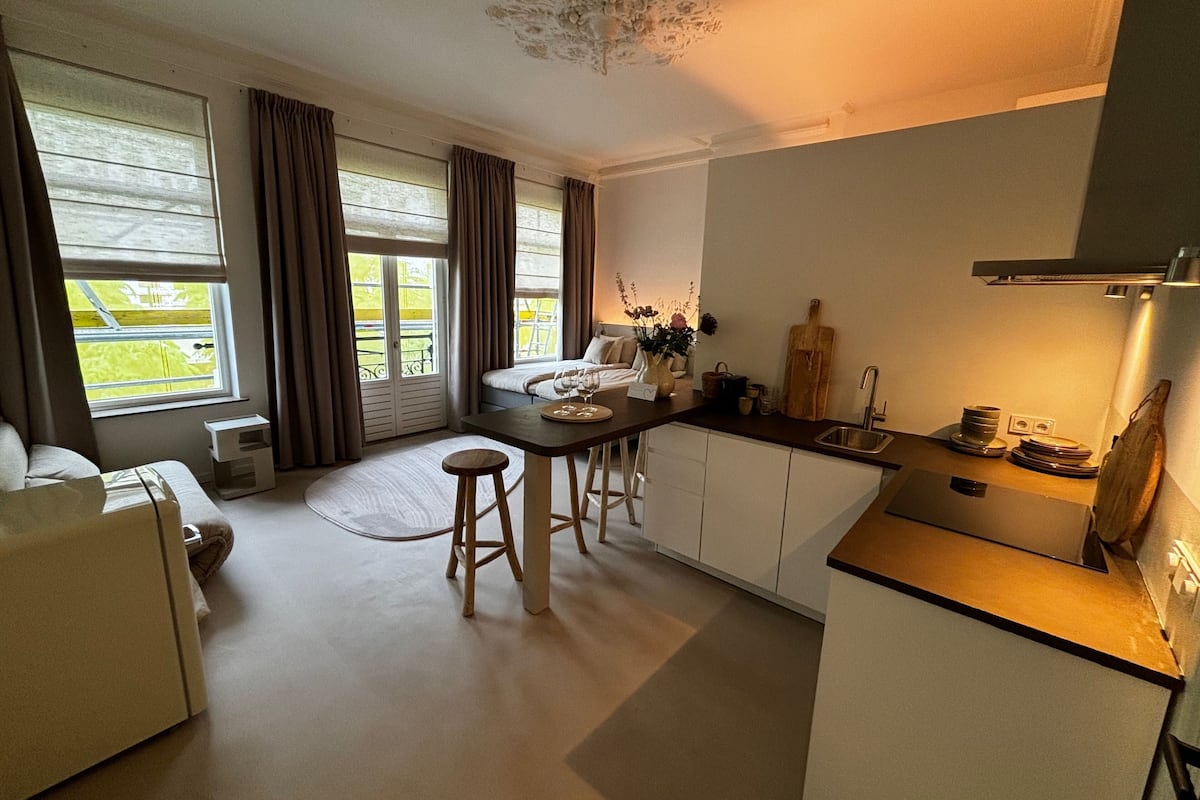 Suite estudio Deluxe, balcón, vistas a la ciudad | Tabla de planchar con plancha y wifi gratis