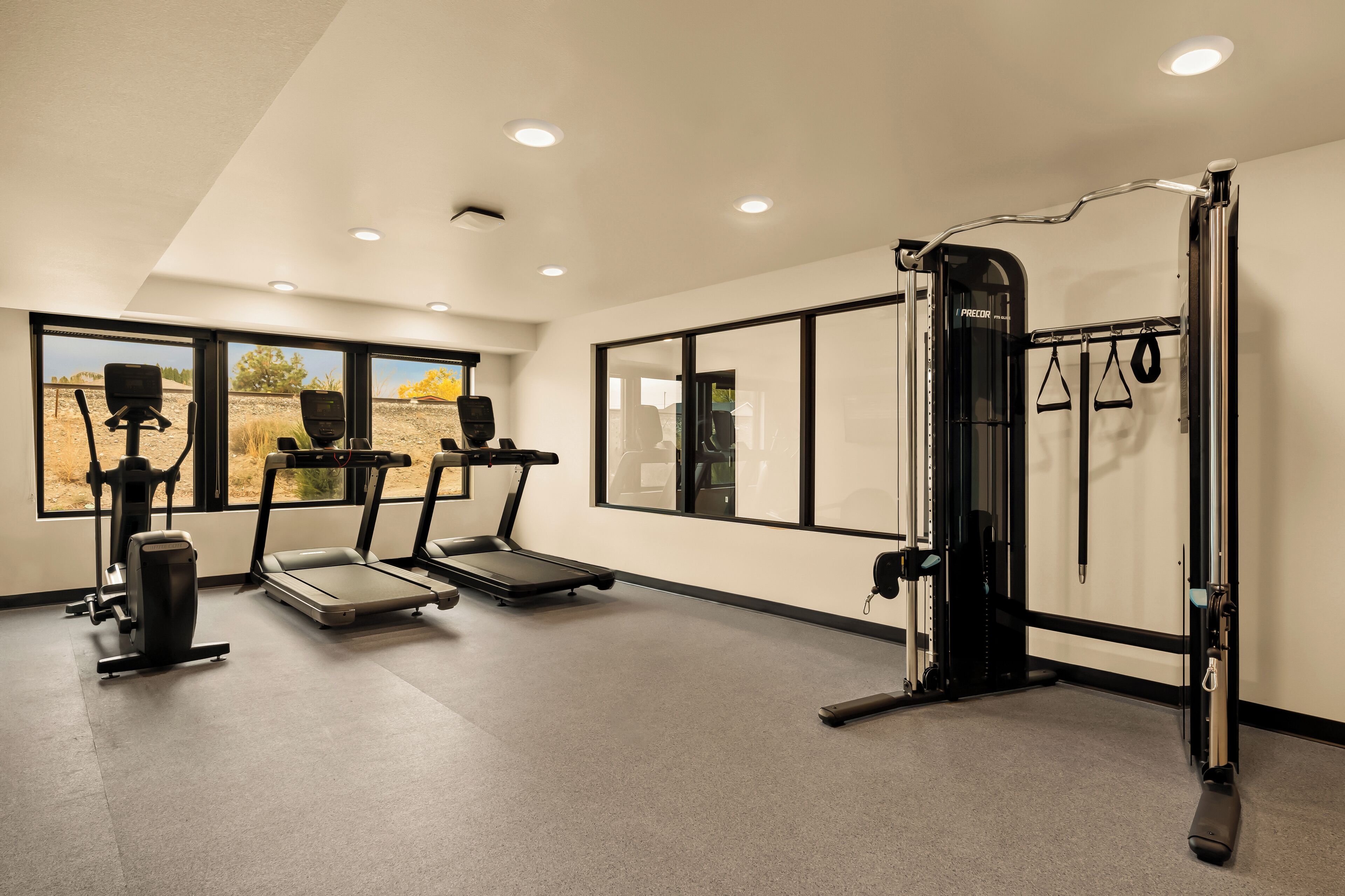 Un gimnasio con cintas de correr, una máquina de pesas y una barra para dominadas.