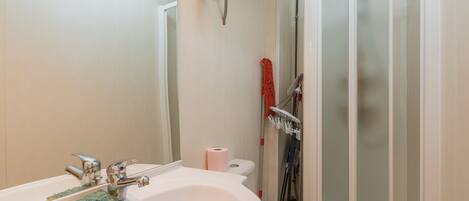 Une salle de bain équipée d’un lavabo, d’un miroir, d’une douche et de toilettes.