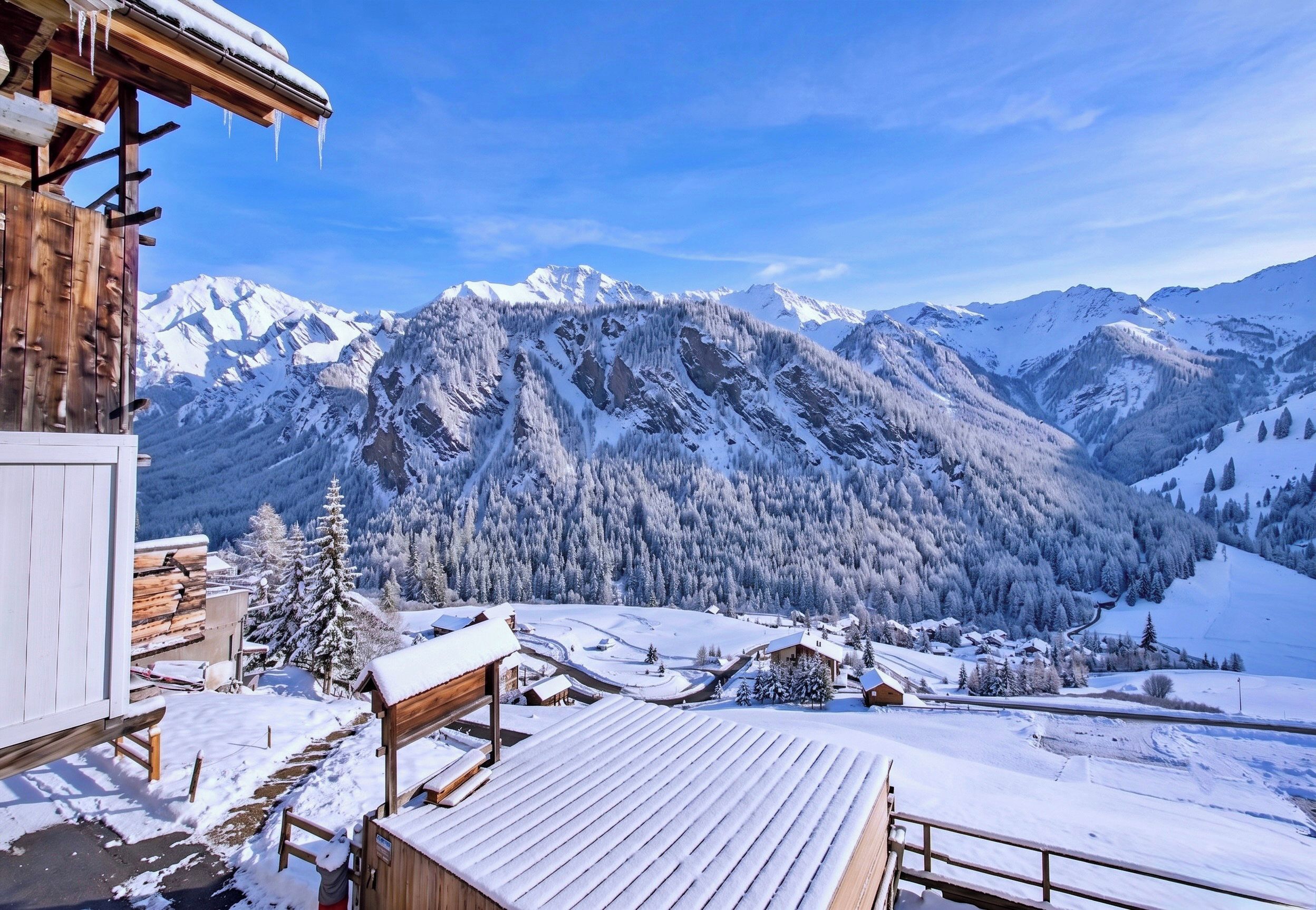 A wooden cabin with a snow-covered deck and a mountain view.