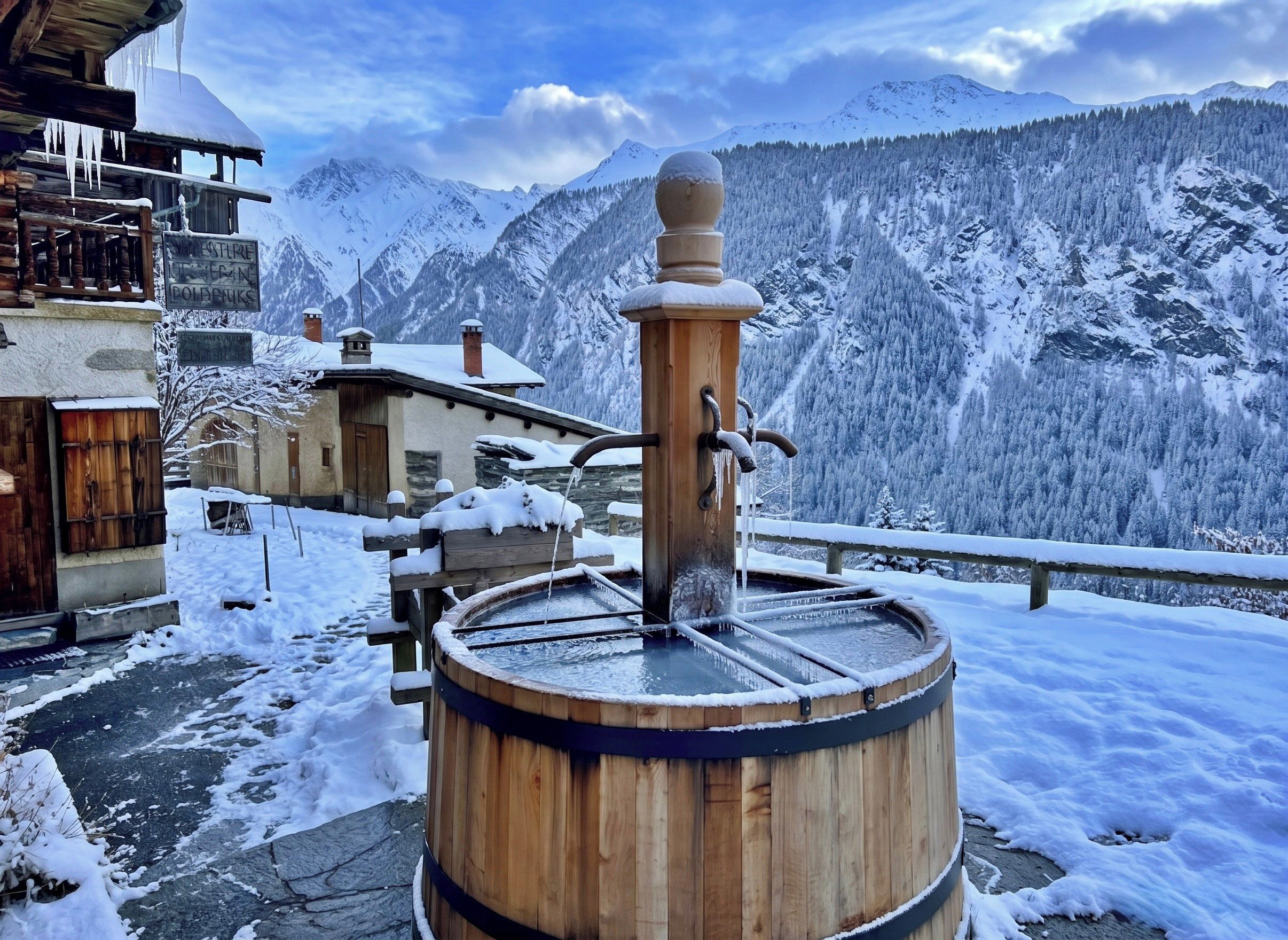 Una bomba de agua de madera con vistas a montañas nevadas al fondo.