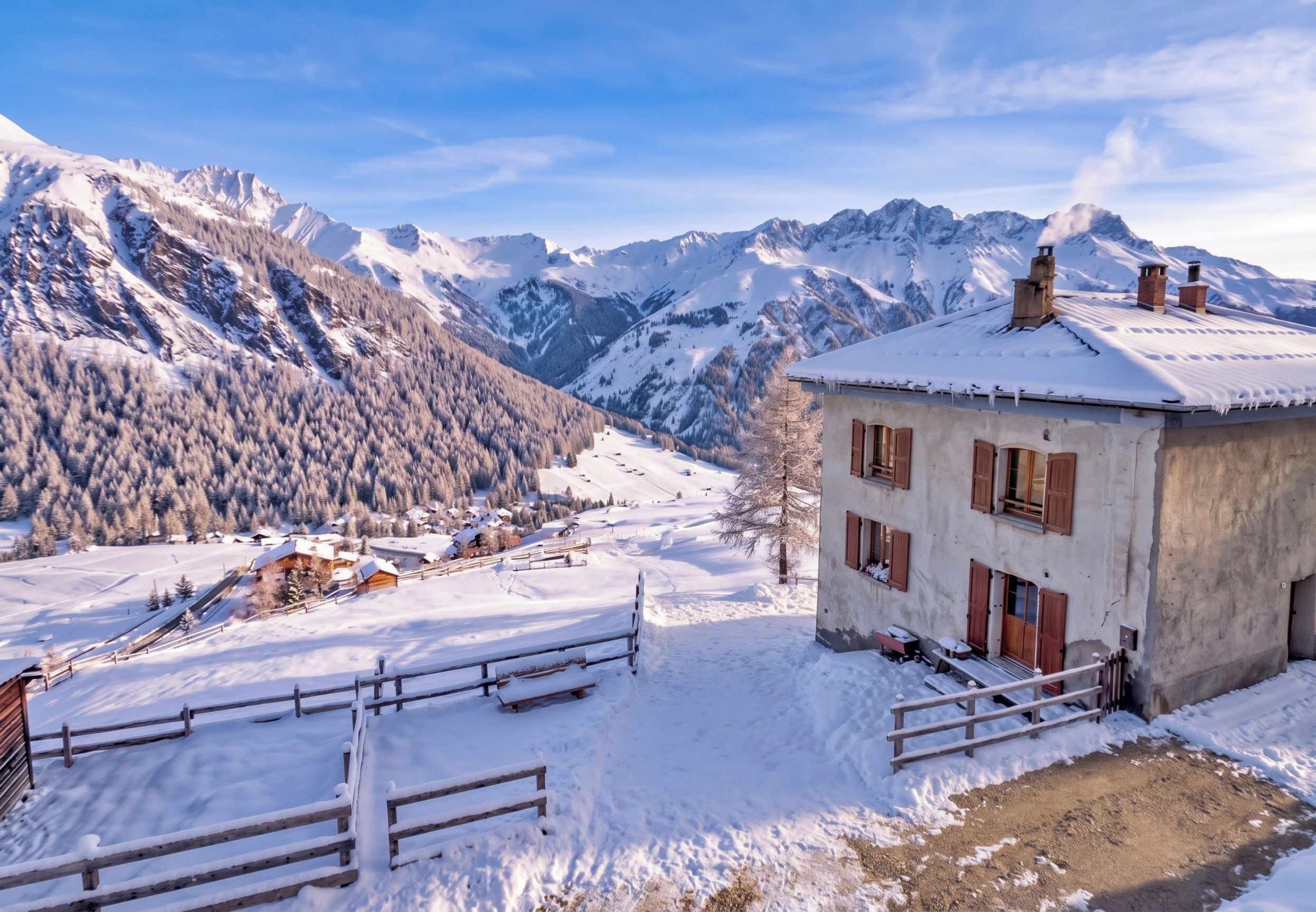 Un paysage montagneux enneigé, avec un bâtiment rustique doté de volets en bois et d’une cheminée.
