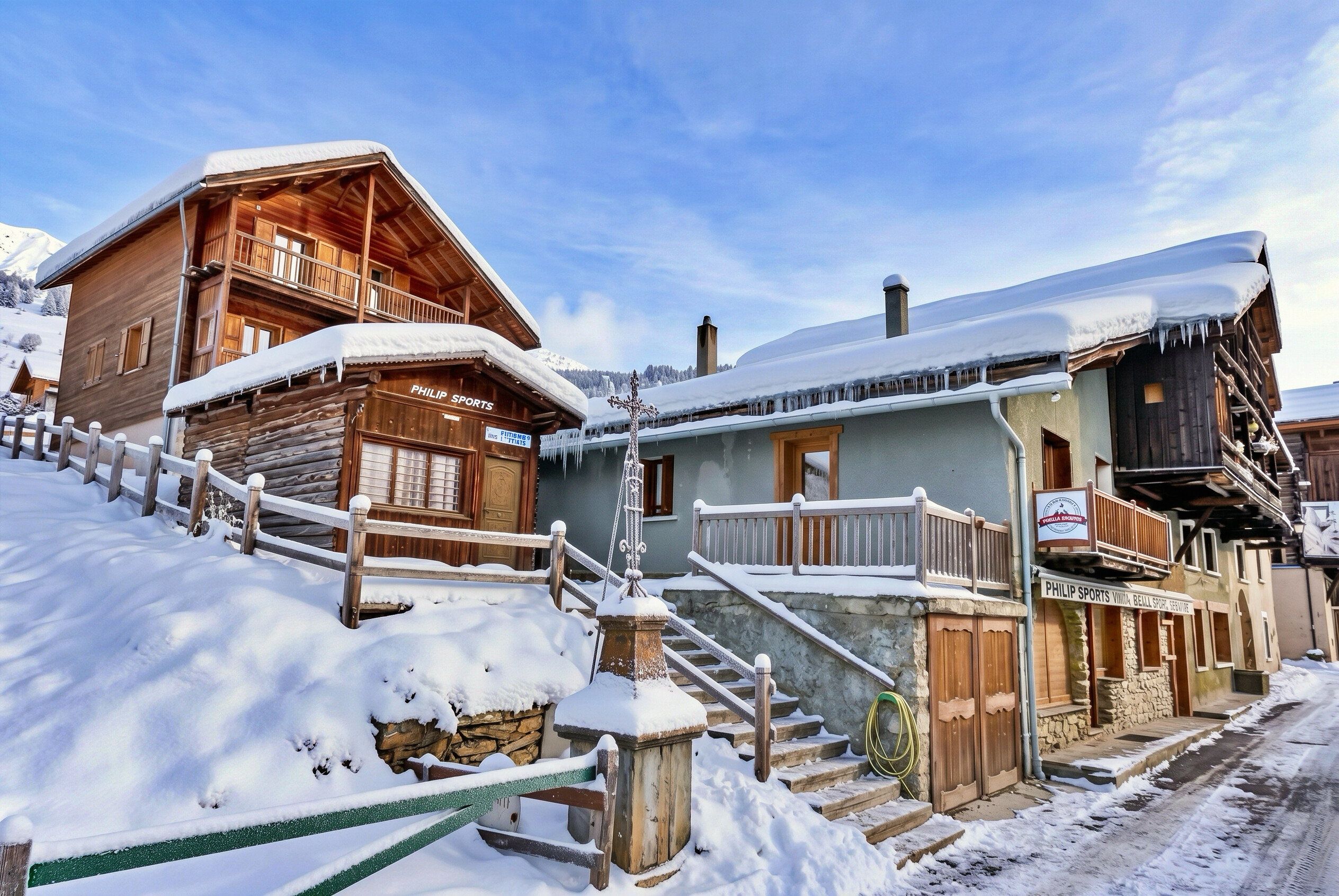Eine Holzhütte mit einem Balkon und einer Treppe zum Eingang.