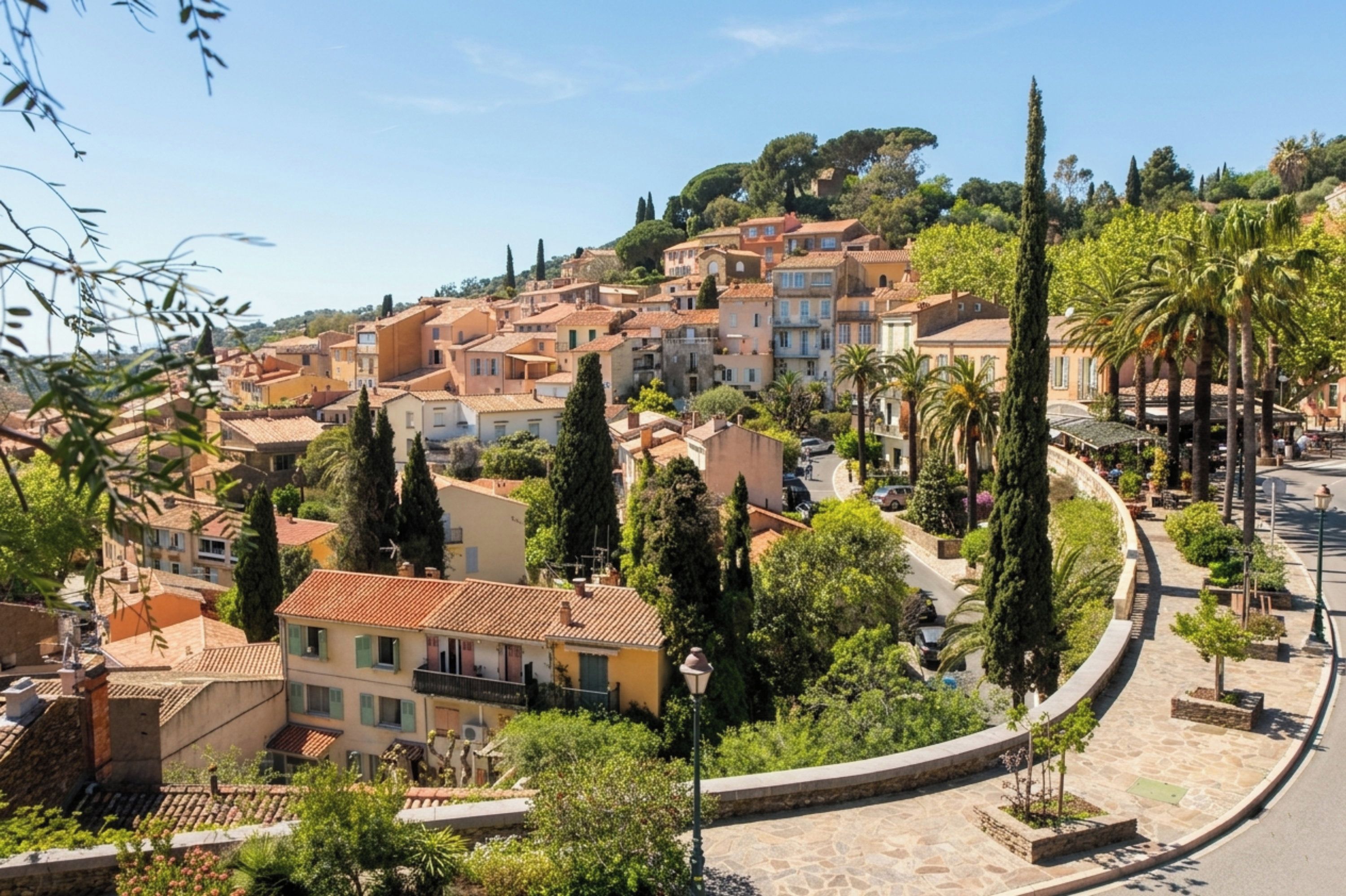A hillside town with terracotta-roofed buildings, a curved street, and a mix of trees and shrubs.