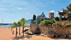 Une plage bordée de palmiers, un mur de pierre et une structure qui ressemble à un château.