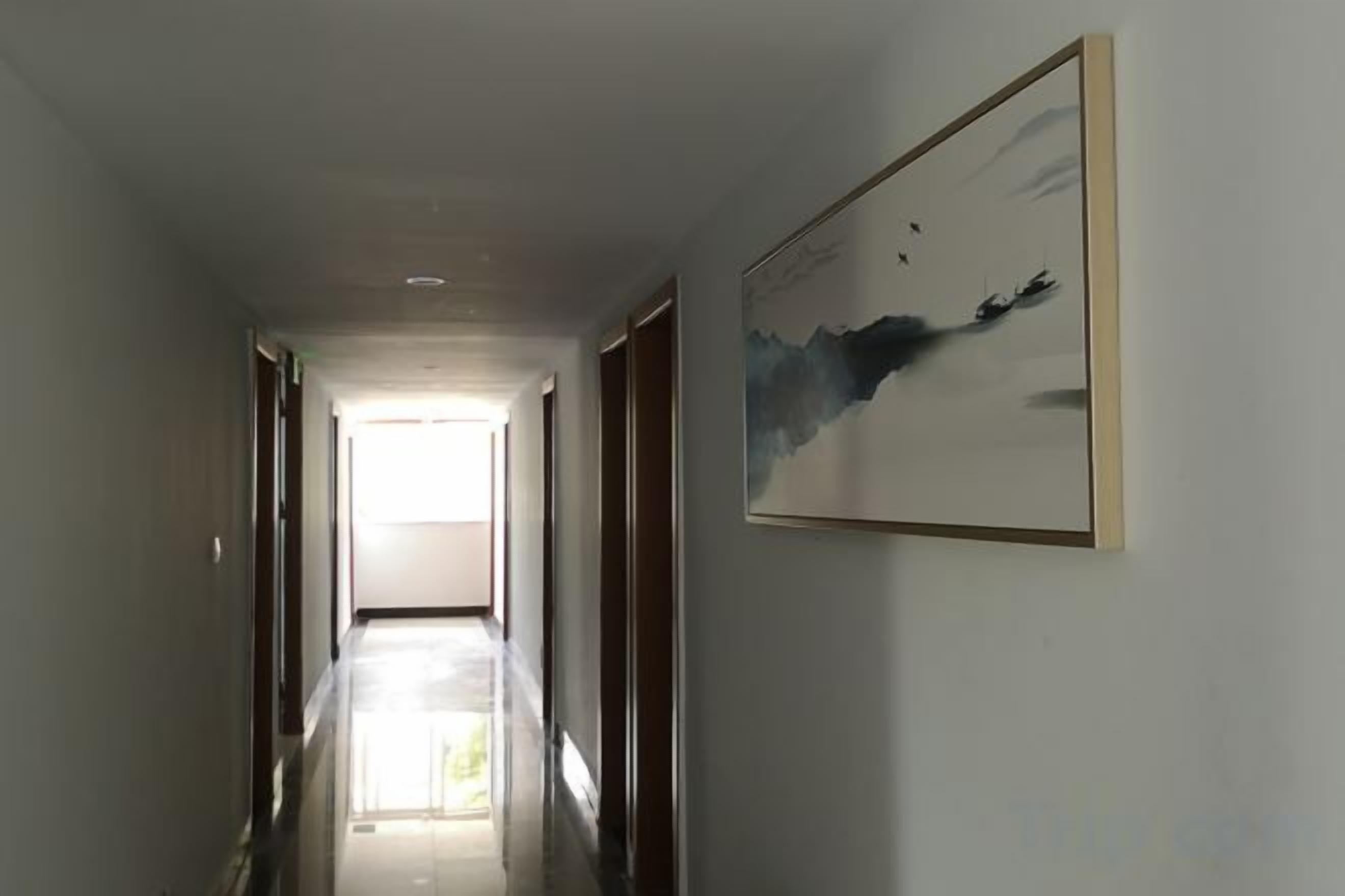 Un pasillo con una obra enmarcada en la pared, una puerta al final y una fuente de luz brillante al fondo.