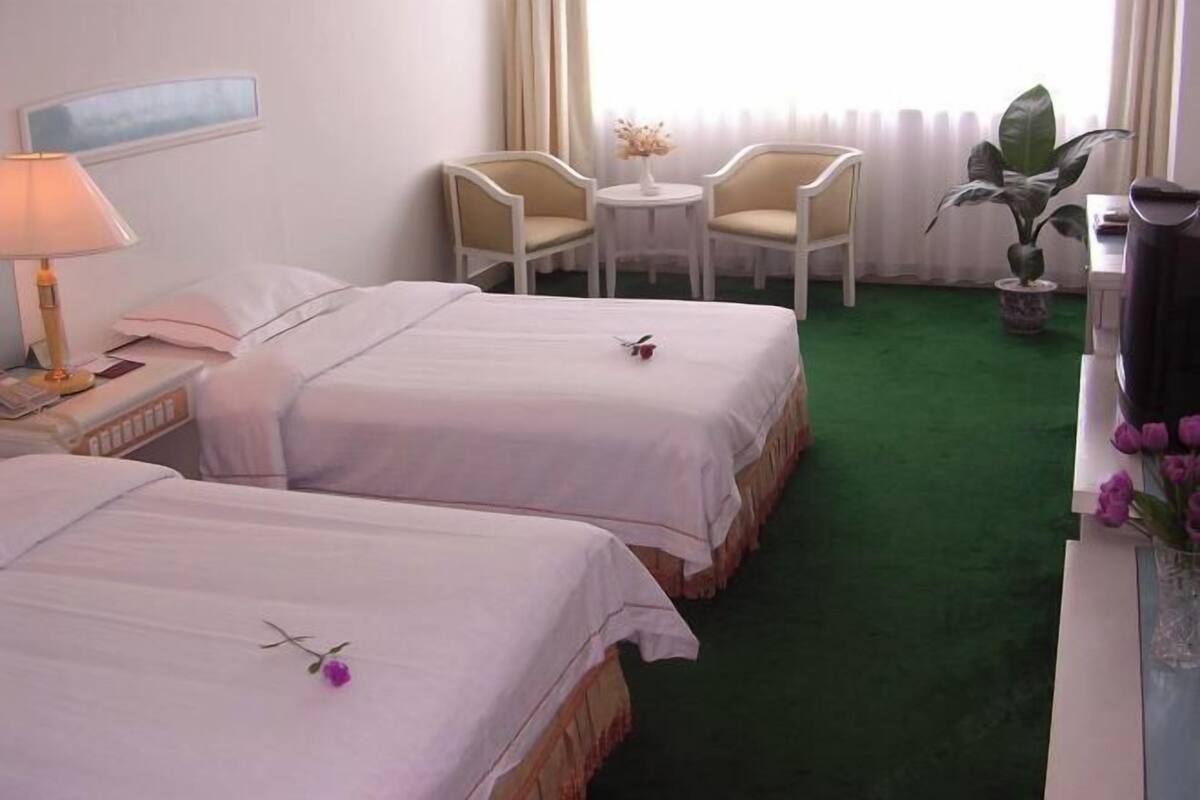A hotel room with two beds, a small table with chairs, a TV, and a green carpet.