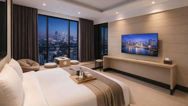 A modern hotel room with a large bed, a city view through floor-to-ceiling windows, a flat-screen TV on the wall, and a small seating area with a table. - Penguin Aurora City Hotel (Linhai Chonghemen) (Linhai)
