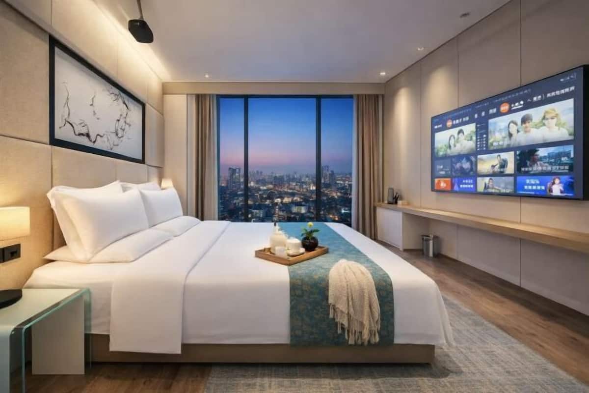 Habitación de hotel moderna con una cama grande, una pantalla de televisión, vistas a la ciudad y una obra de arte enmarcada en la pared.