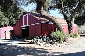 A red barn with a white door, surrounded by rocks and cacti.