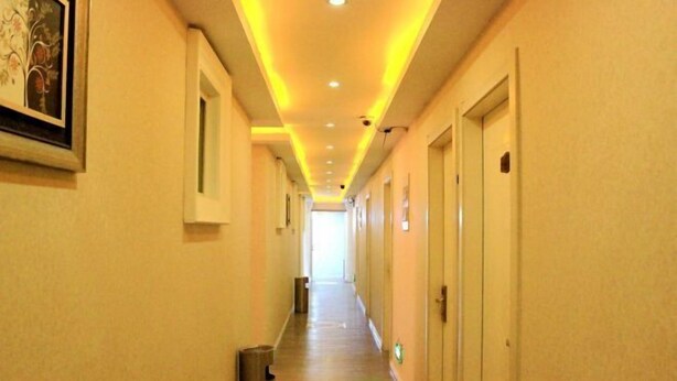 Un pasillo de hotel con puertas a ambos lados, un cubo de basura y un cuadro en la pared izquierda.