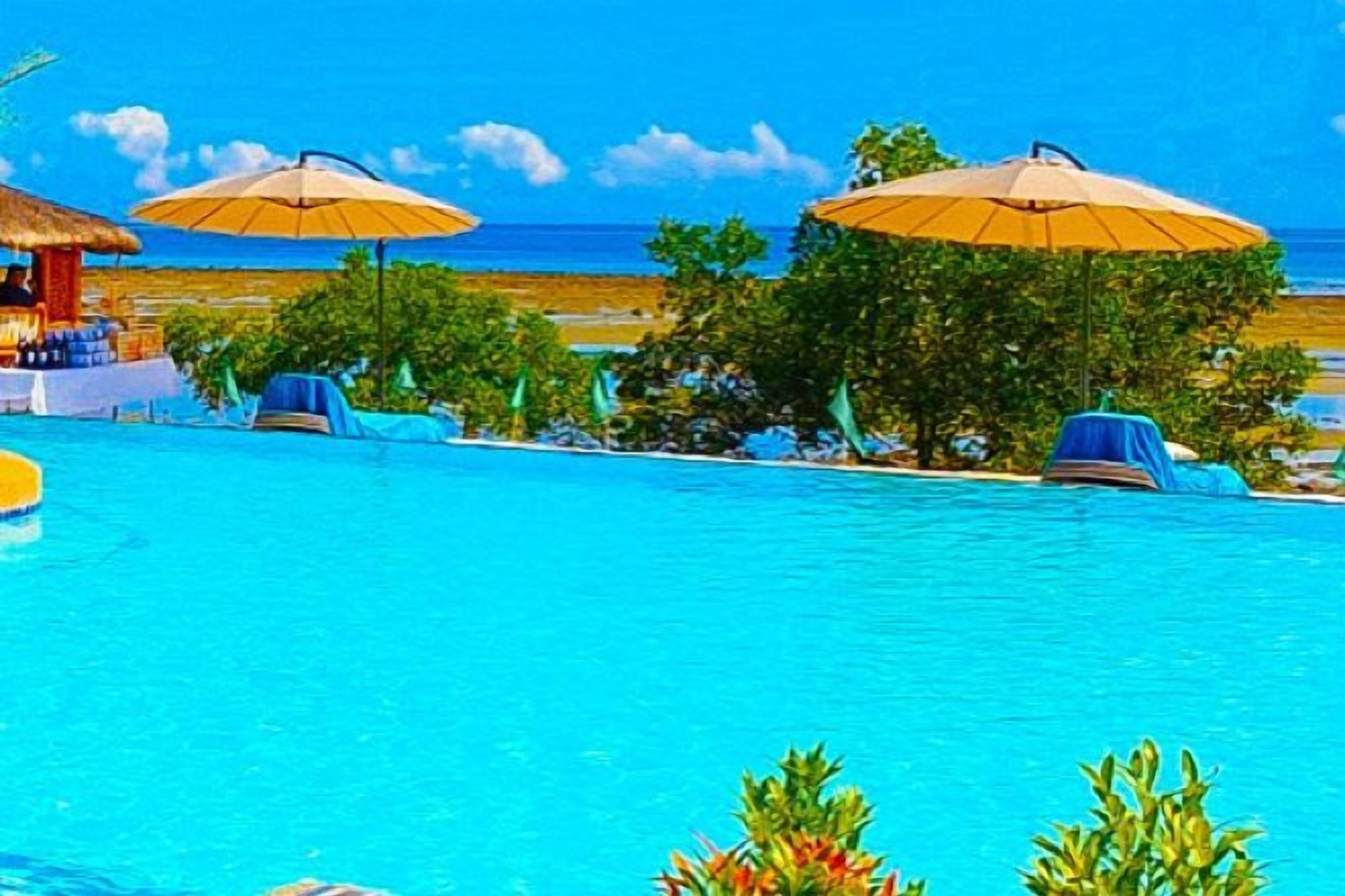 A swimming pool with lounge chairs and umbrellas, surrounded by greenery and a beach view.