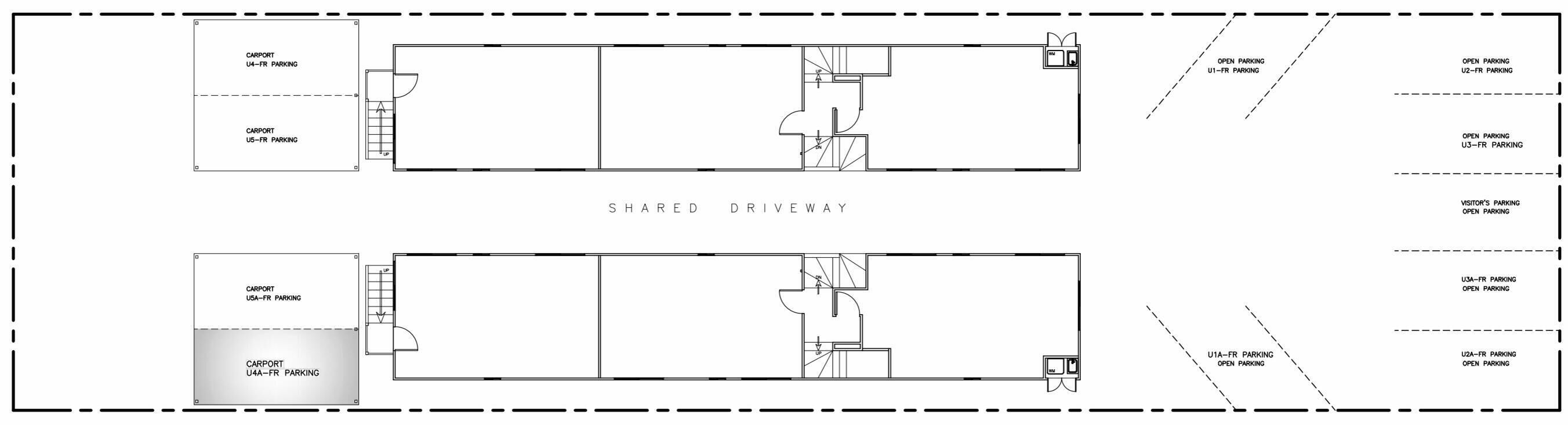 A floor plan with a shared driveway, multiple parking areas labeled U1-FR to U4-FR, and a visitor's parking section.